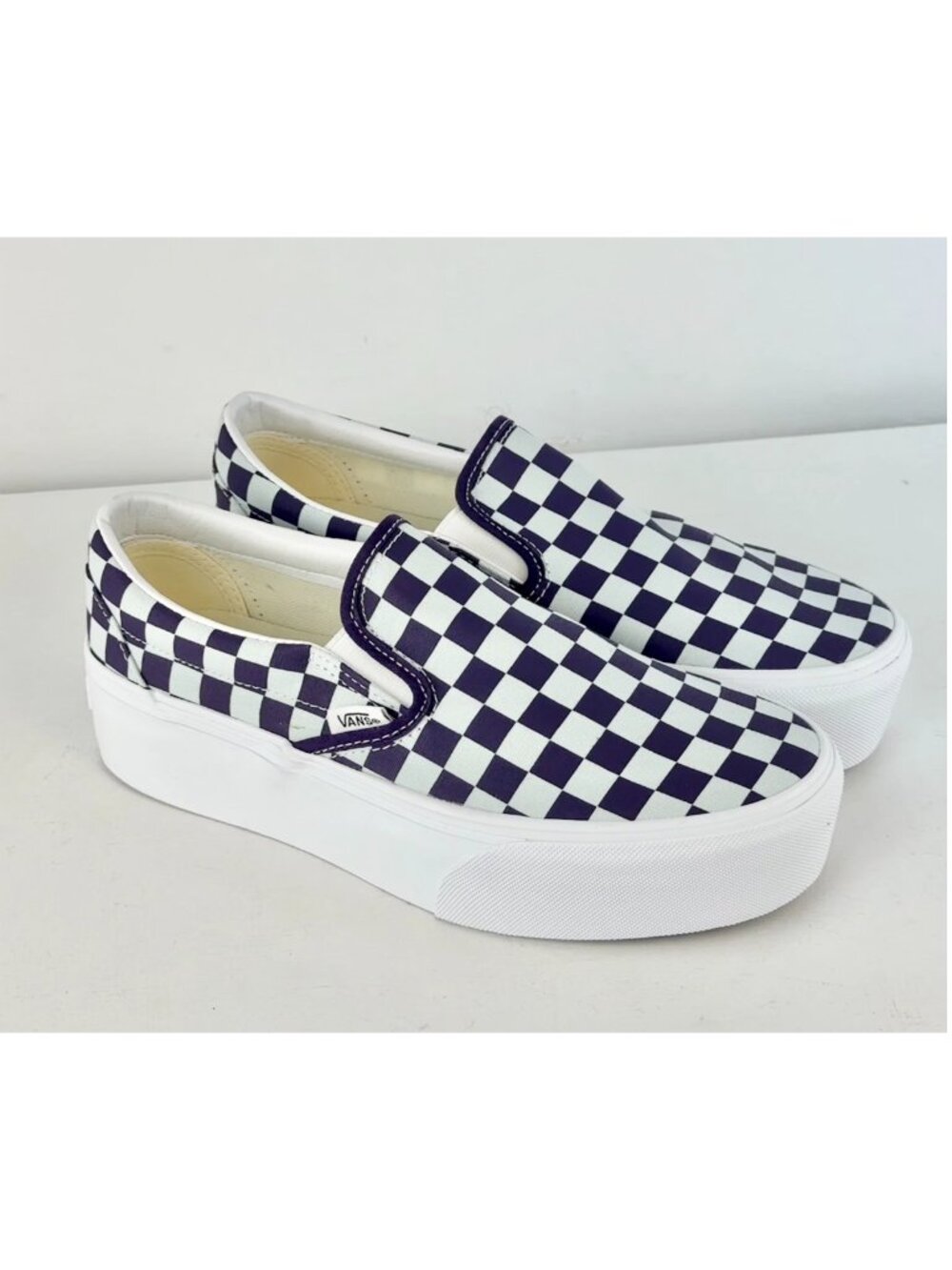 M6.5, W8-Vans Classic Slip-On Platform Checkerboard Shoe-Mist Blue/Gothic Grape